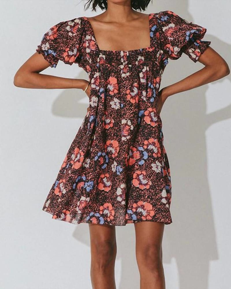 Front of a model wearing a size Large Mischa Mini Dress in Calista Floral in Calista Floral by Cleobella. | dia_product_style_image_id:342774